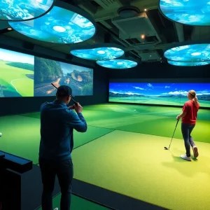 Interior view of the TGL indoor golf arena with players in action