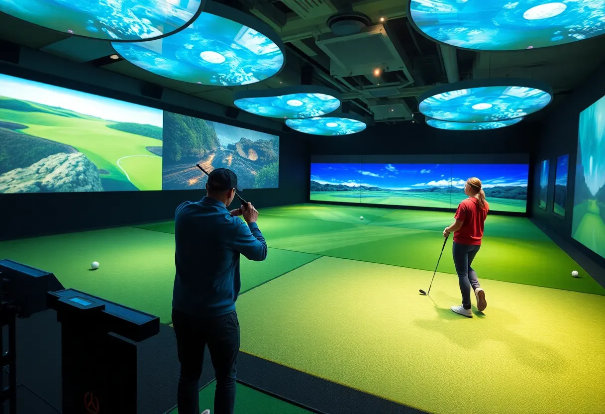 Interior view of the TGL indoor golf arena with players in action