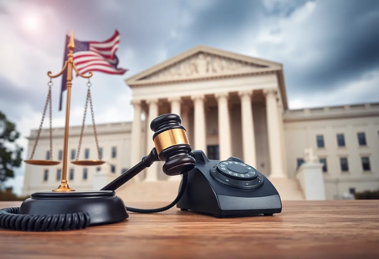 Representation of justice and politics with gavel and telephone