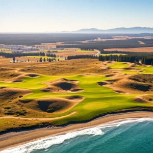 Scenic view of the Bandon Dunes Golf Resort with golf courses and natural landscapes.