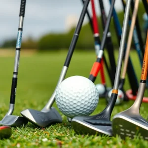 An assortment of beginner golf clubs including a putter, driver, and wedge in a golf setting.