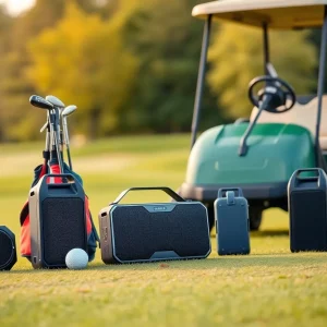 Various high-quality golf speakers on a sunlit golf course