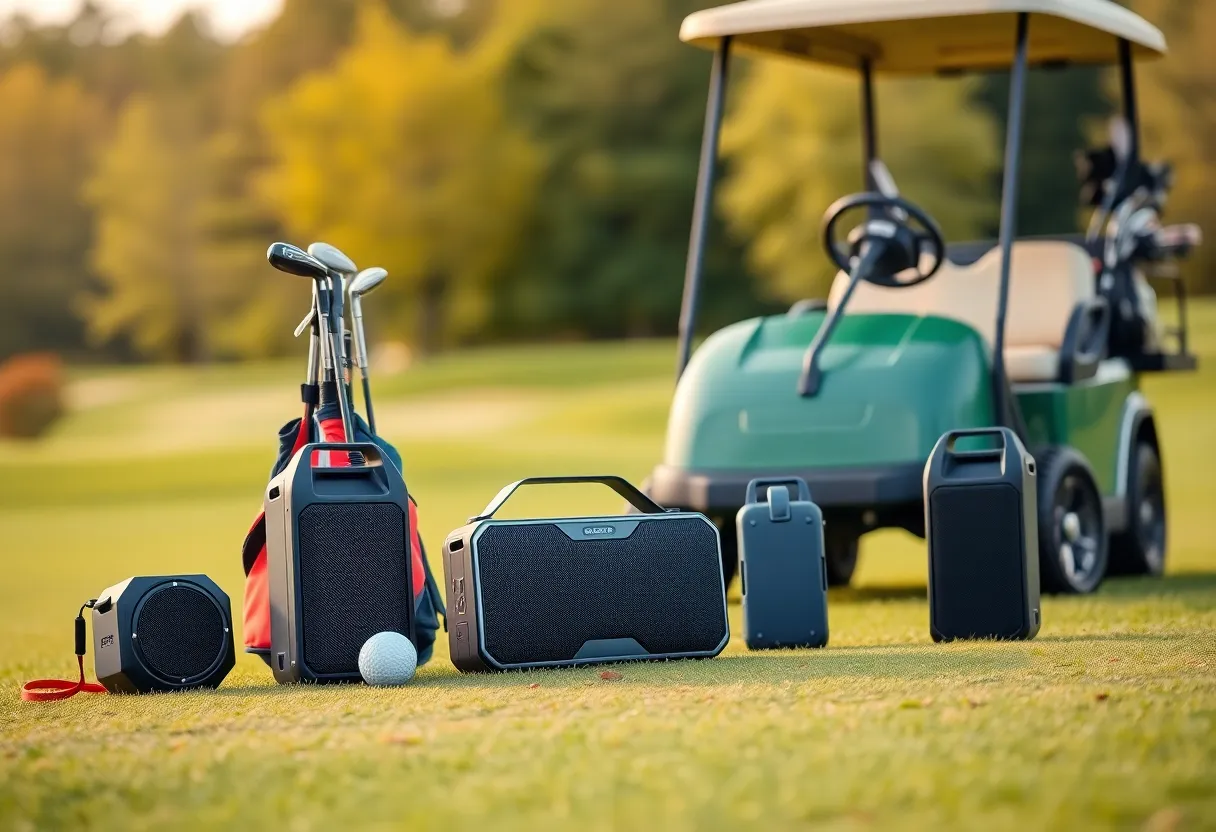 Various high-quality golf speakers on a sunlit golf course