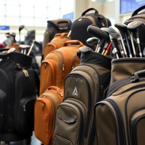 Assorted golf travel bags in an airport