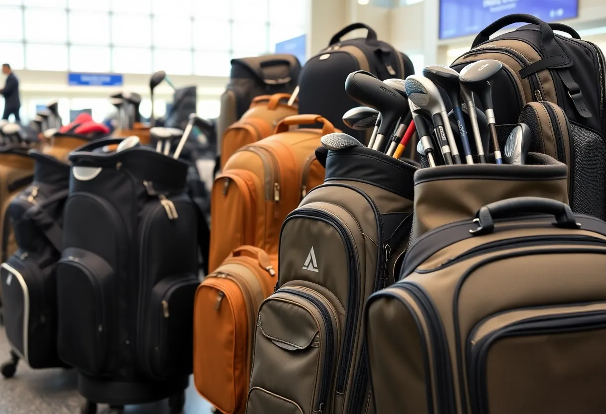 Assorted golf travel bags in an airport