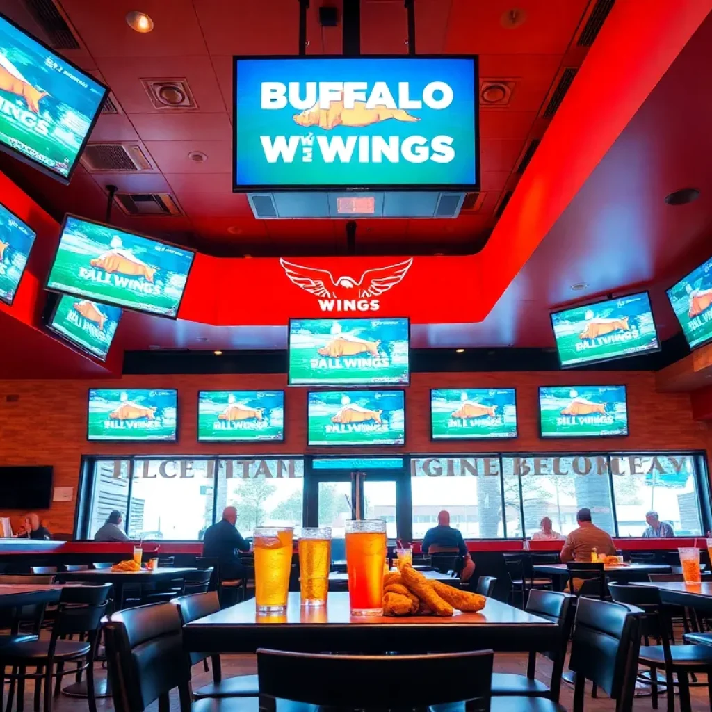 Interior of Buffalo Wild Wings in Myrtle Beach with TVs showing sports.