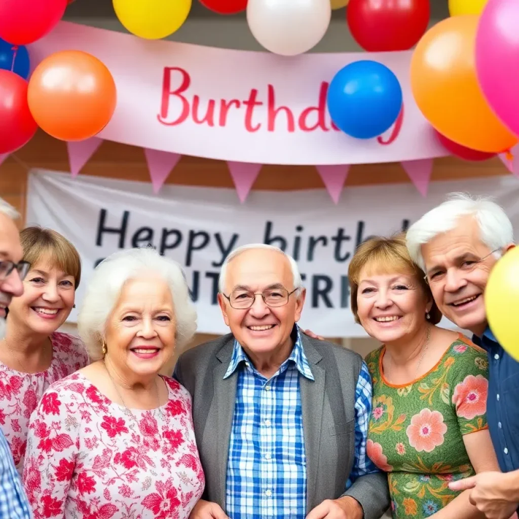 Celebration scene for a centenarian's birthday with community members.