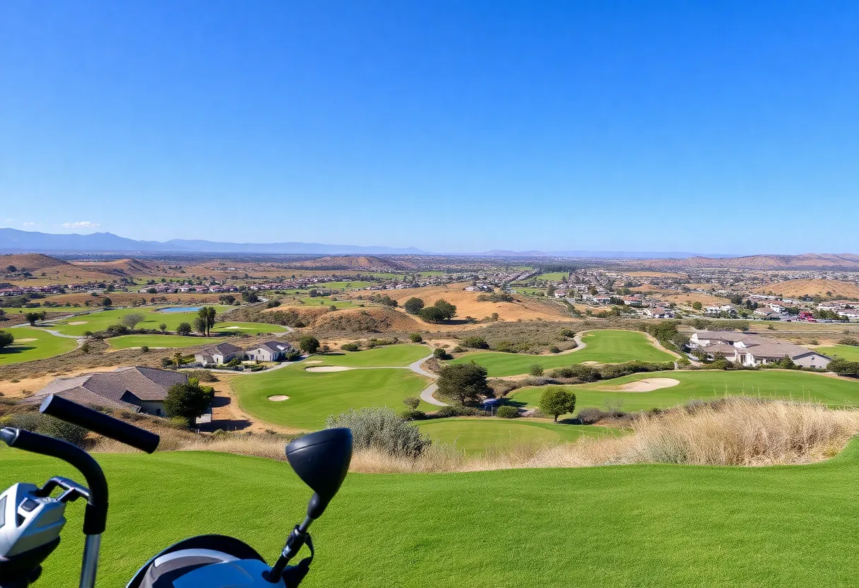 A scenic view of Carlsbad, California, showcasing golf courses and equipment.