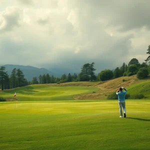 Dramatic landscape of a challenging golf hole on the 2024 DP World Tour