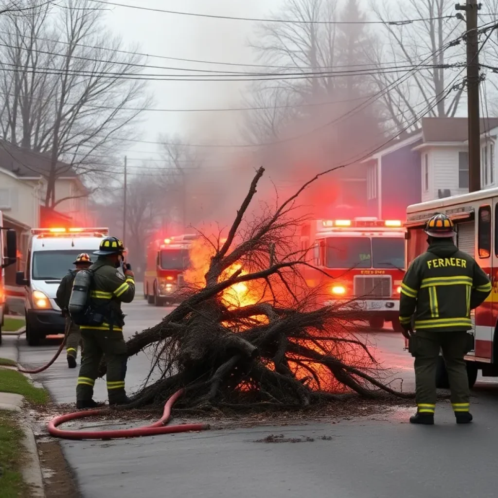 Firefighters extinguishing a fire caused by a downed tree in Conway, SC.