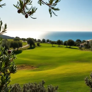 A breathtaking view of the Costa Navarino golf course with olive trees and sea