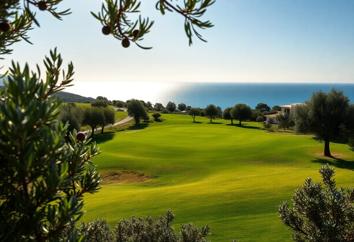 A breathtaking view of the Costa Navarino golf course with olive trees and sea