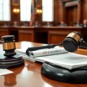 Courtroom scene depicting legal proceedings