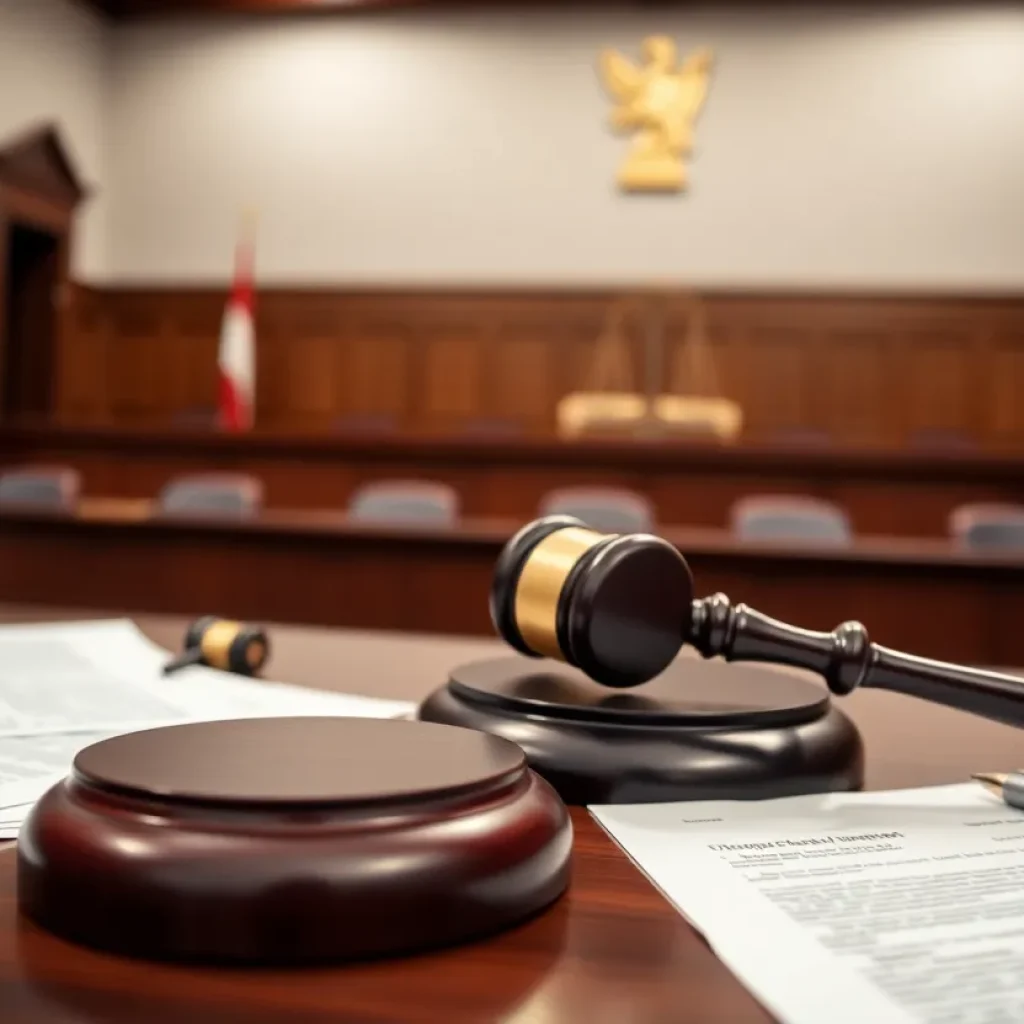 A gavel and legal documents in a courtroom