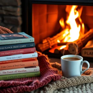 A collection of new golf books on a table with a warm drink and a blanket