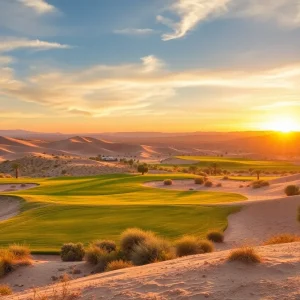 Scenic view of Desert Dunes Golf Course with sunset