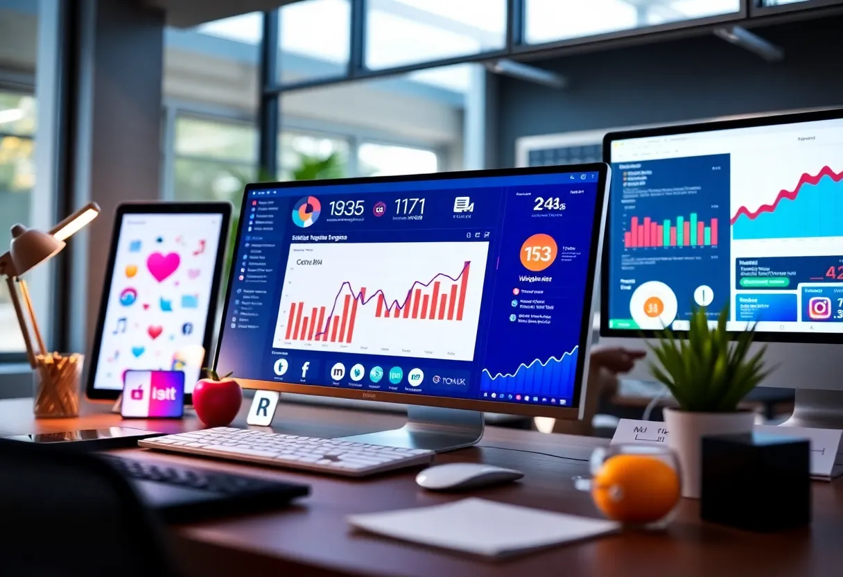 Image showcasing a variety of digital marketing tools on a desk