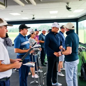 Golfers receiving personalized club fitting in an indoor venue