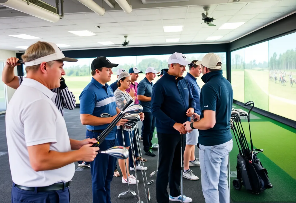 Golfers receiving personalized club fitting in an indoor venue