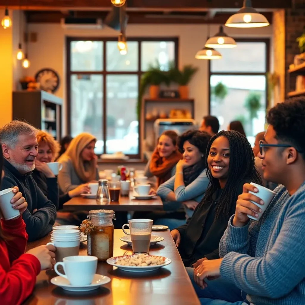 Inside view of Fresh Brewed Coffee House with customers enjoying coffee.