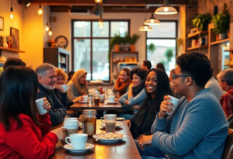 Inside view of Fresh Brewed Coffee House with customers enjoying coffee.