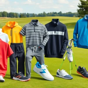 Collection of golf apparel and shoes on a golf course