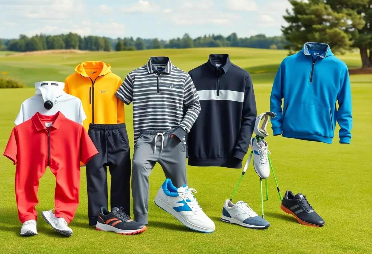 Collection of golf apparel and shoes on a golf course