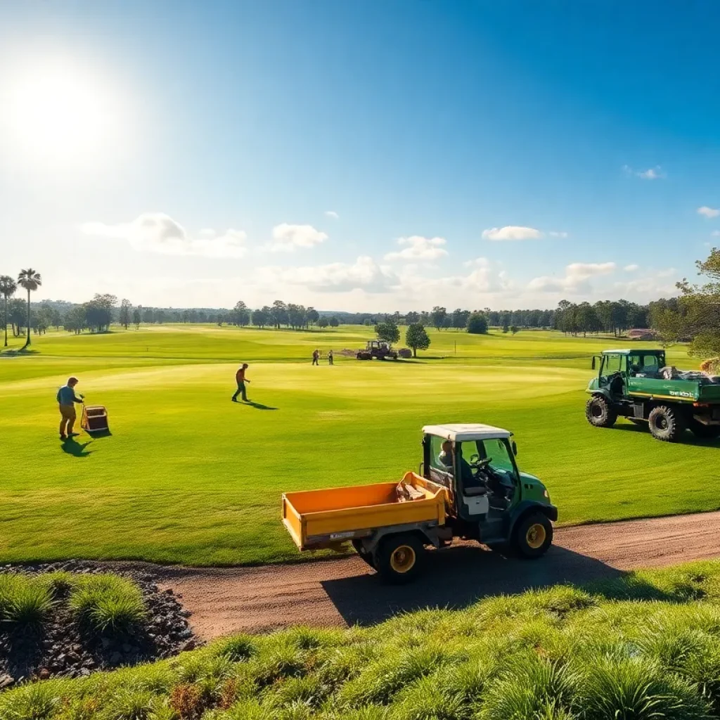 Renovation of a golf course with machinery and workers in action