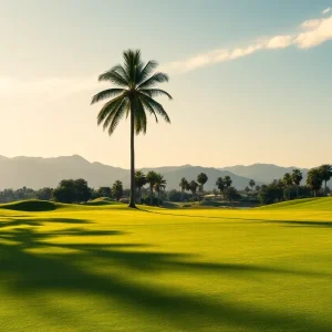 A beautiful golf course landscape with palm trees and mountains