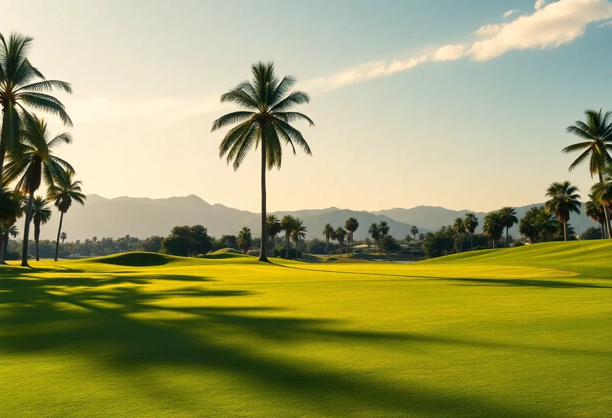 A beautiful golf course landscape with palm trees and mountains