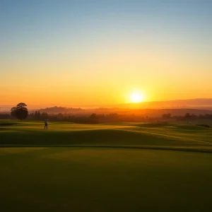 An expansive golf course with lush greens and sunset backdrop