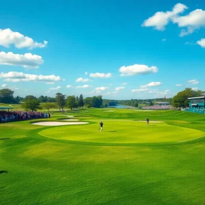 Golf course with players along with cheering fans representing upcoming events in 2025