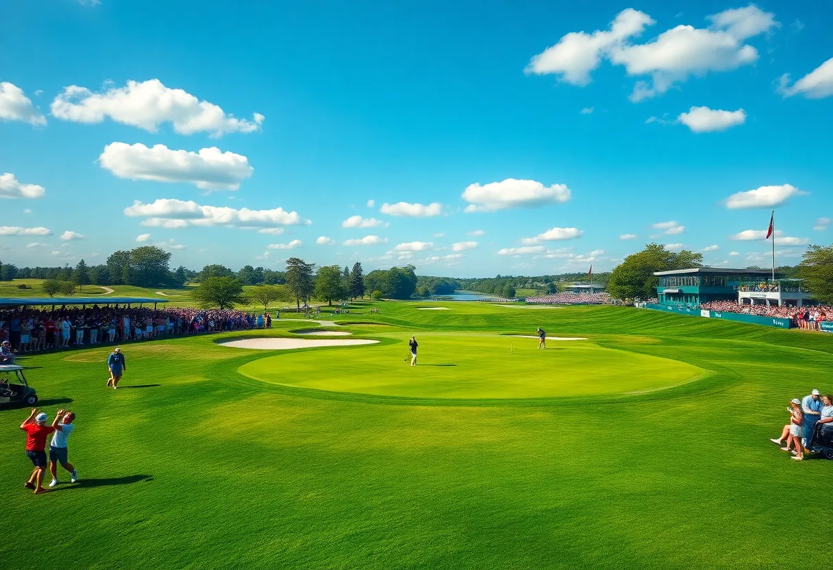 Golf course with players along with cheering fans representing upcoming events in 2025