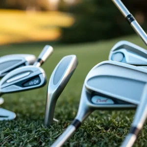 Variety of golf irons suitable for different skill levels displayed on a golf course