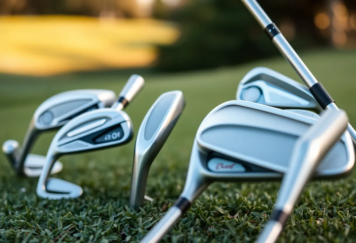 Variety of golf irons suitable for different skill levels displayed on a golf course