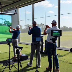 Golfers practicing with launch monitors on a driving range