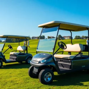 Modern golf push carts on a sunny golf course