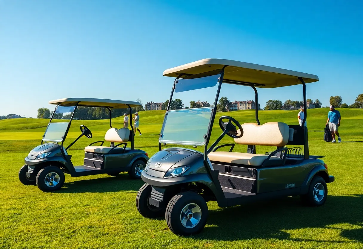 Modern golf push carts on a sunny golf course