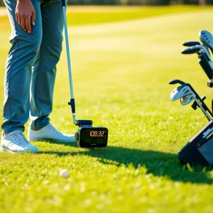 A golfer utilizing shot tracking technology while playing golf.