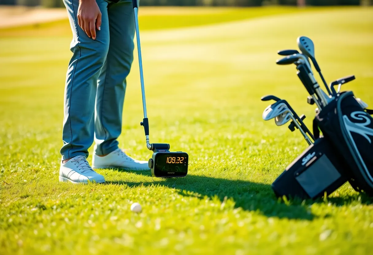 A golfer utilizing shot tracking technology while playing golf.