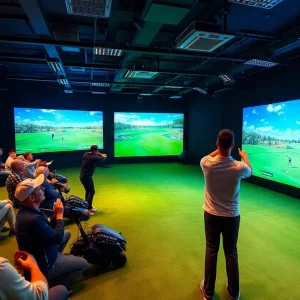 Golfers competing in a high-tech simulator environment with spectators.