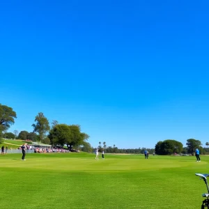 Players competing in a golf tournament on a sunny day.