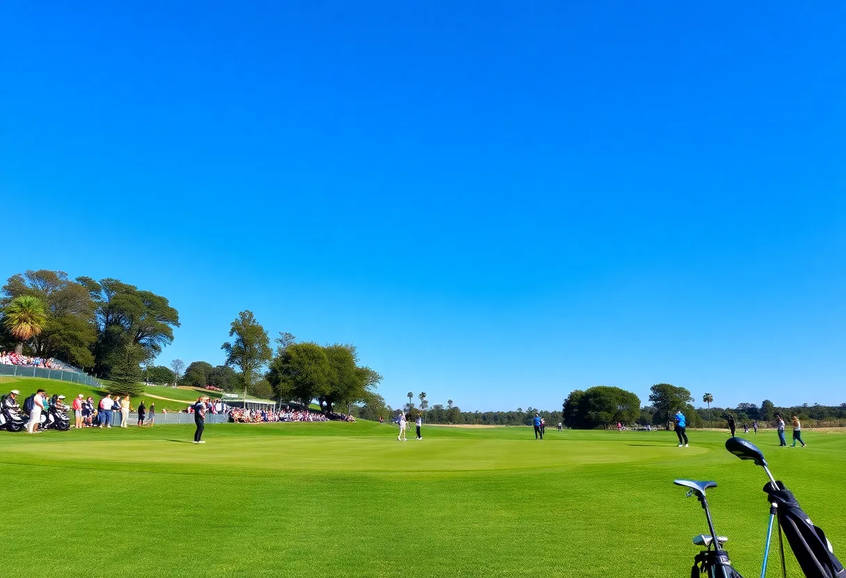 Players competing in a golf tournament on a sunny day.