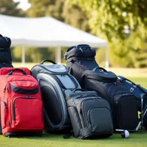 Various golf travel bags in different styles and colors with golf clubs