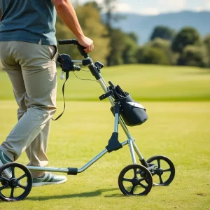 A golfer with golf clubs loaded on a trolley on the green