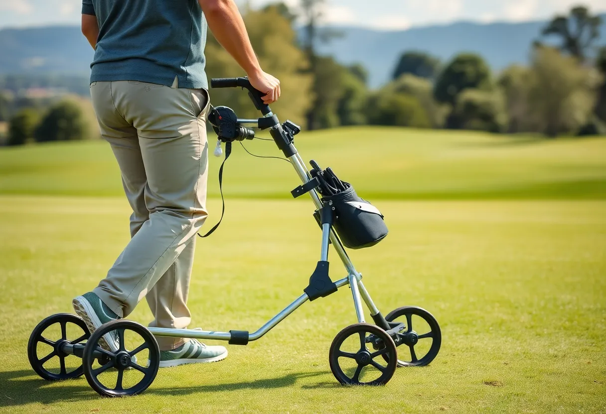 A golfer with golf clubs loaded on a trolley on the green