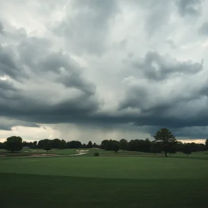 A golf course under cloudy skies, conveying unease.