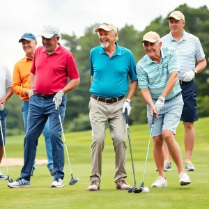 A diverse group of golfers playing on a sunny course