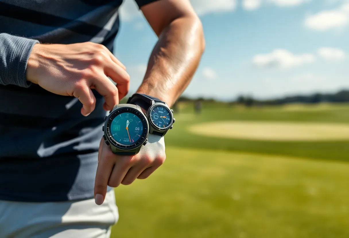 Golfer using a GPS golf watch on a golf course