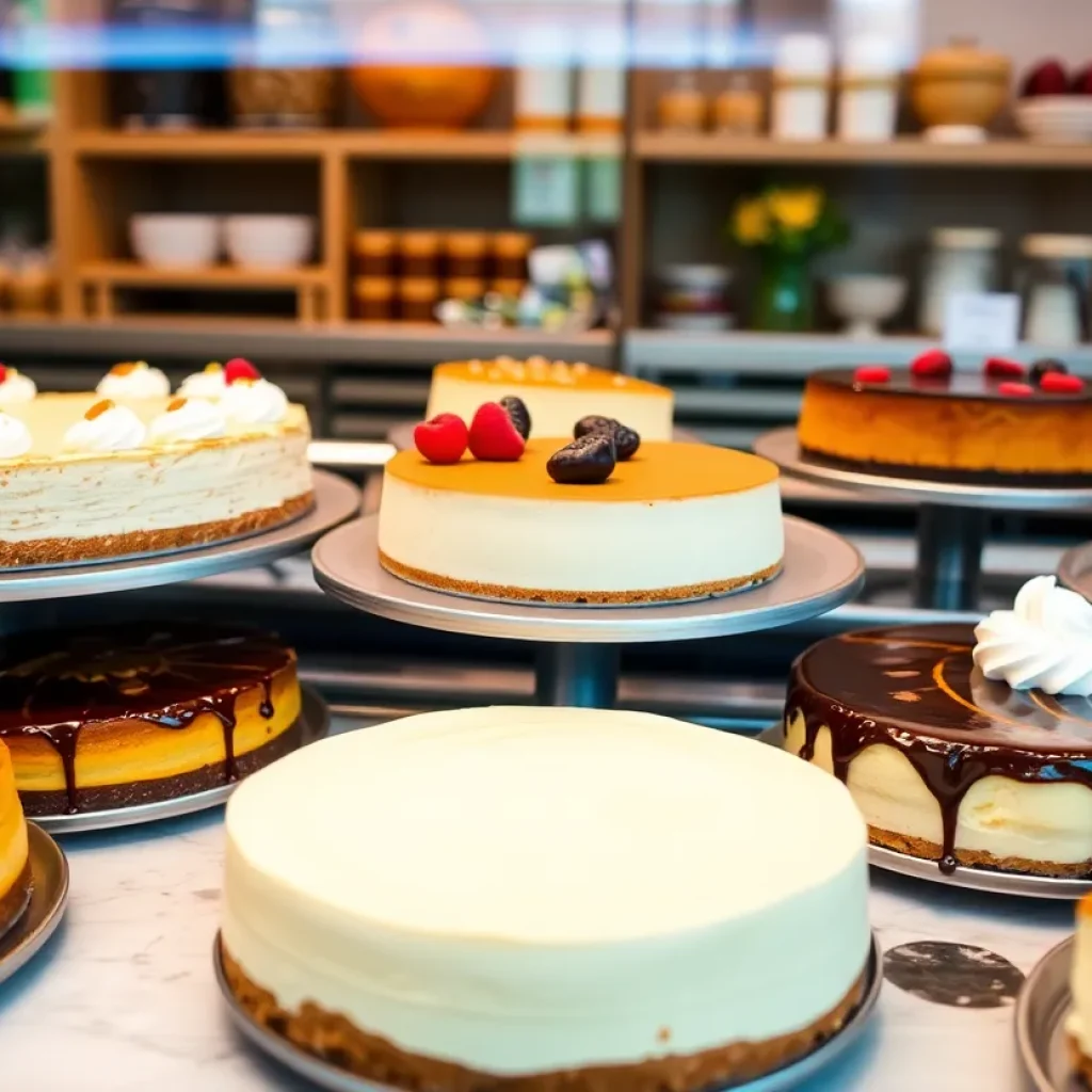 Delicious cheesecakes displayed in the bakery